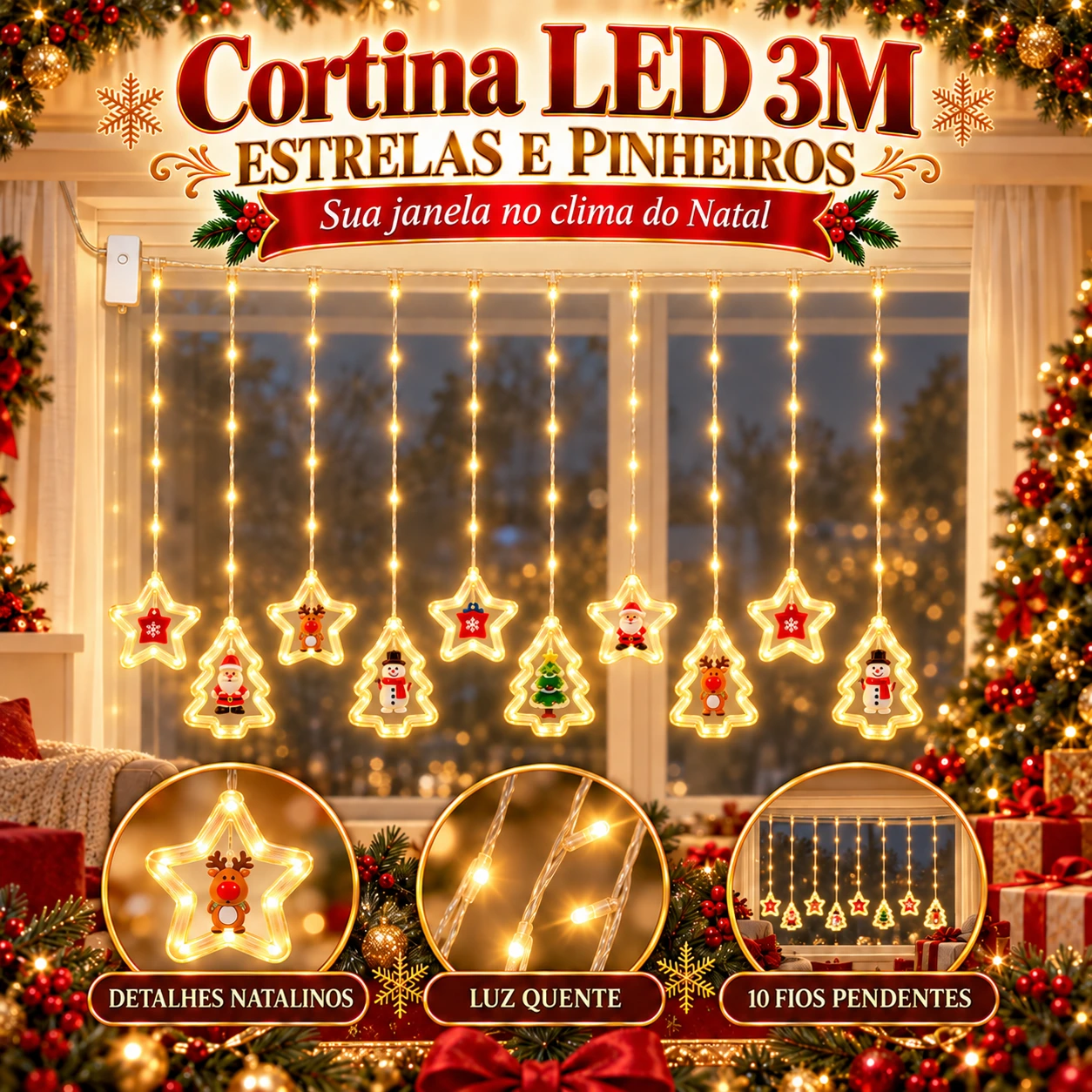 Cortina LED 3M — Estrelas e Pinheiros de Natal