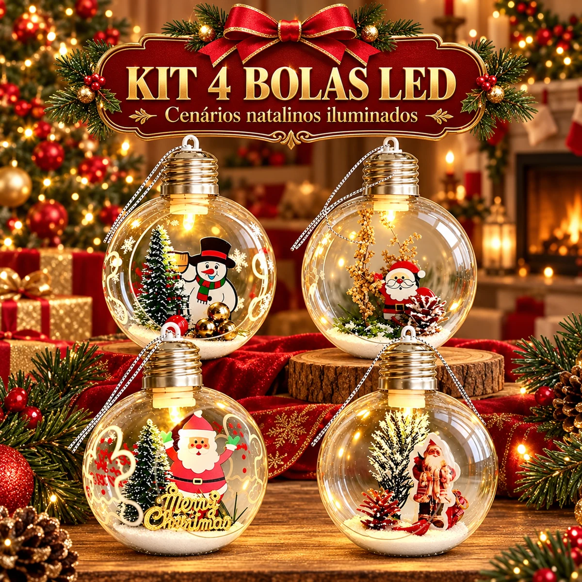 Kit 4 Bolas de Natal Iluminadas com Cenário 3D