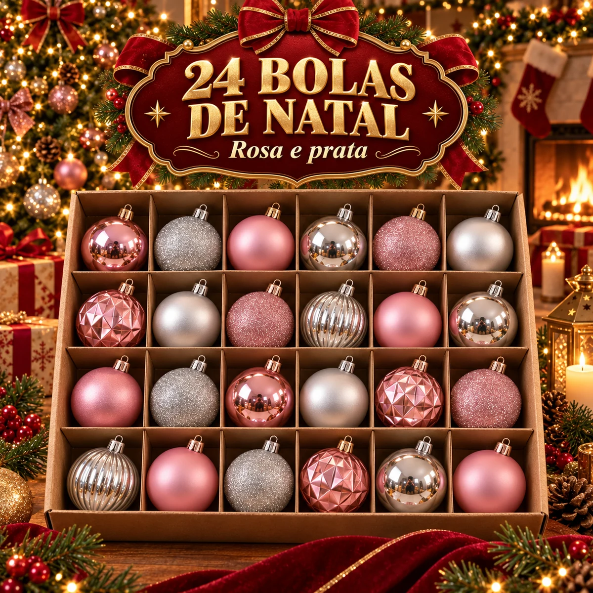 Kit 24 Bolas de Natal — Rosa e Prata