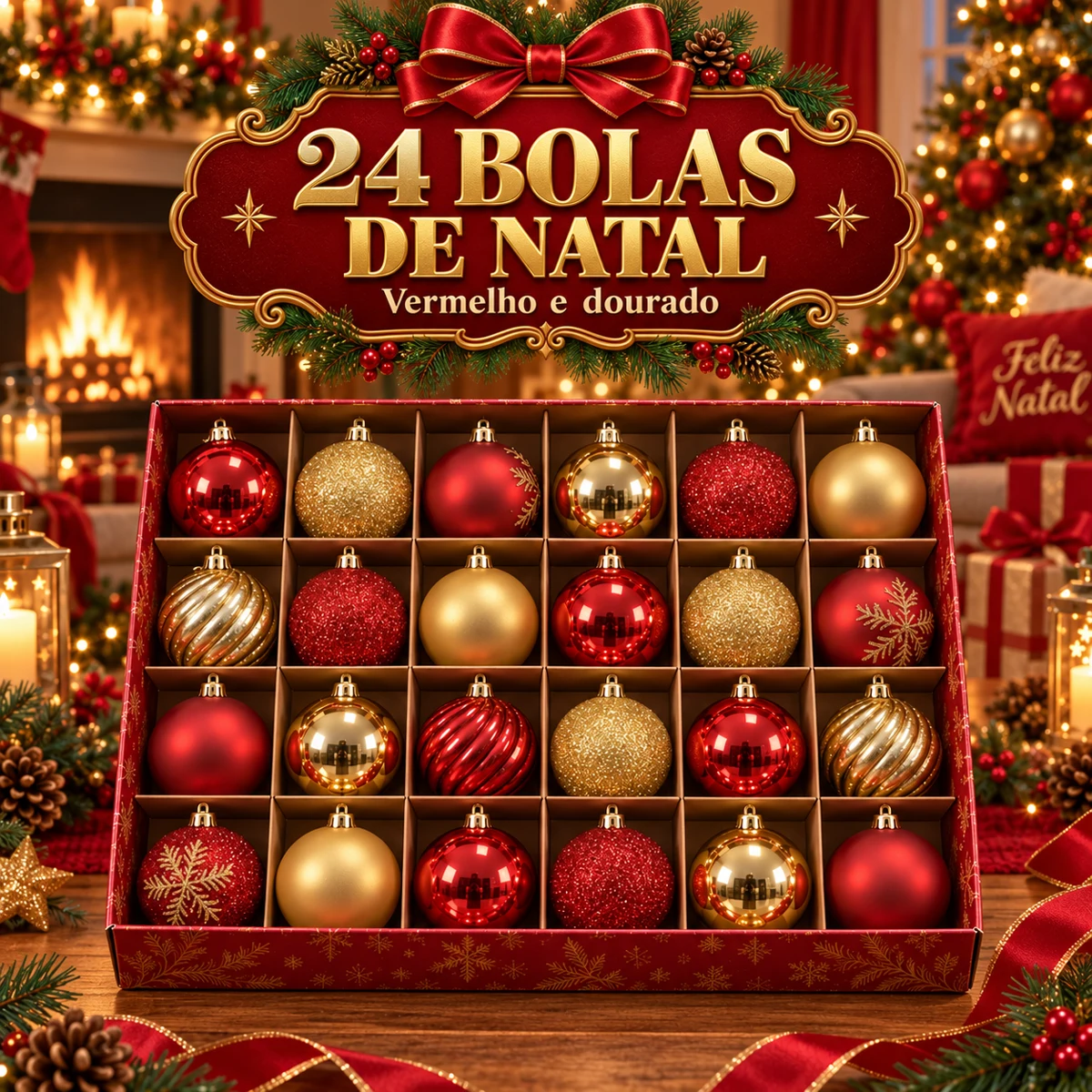 Kit 24 Bolas de Natal — Vermelho e Dourado