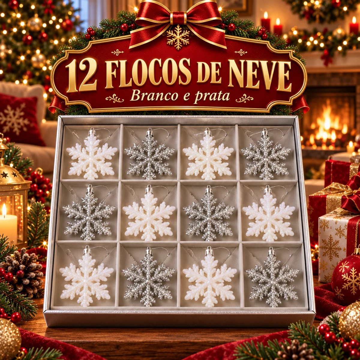 Kit 12 Flocos de Neve — Branco e Prata