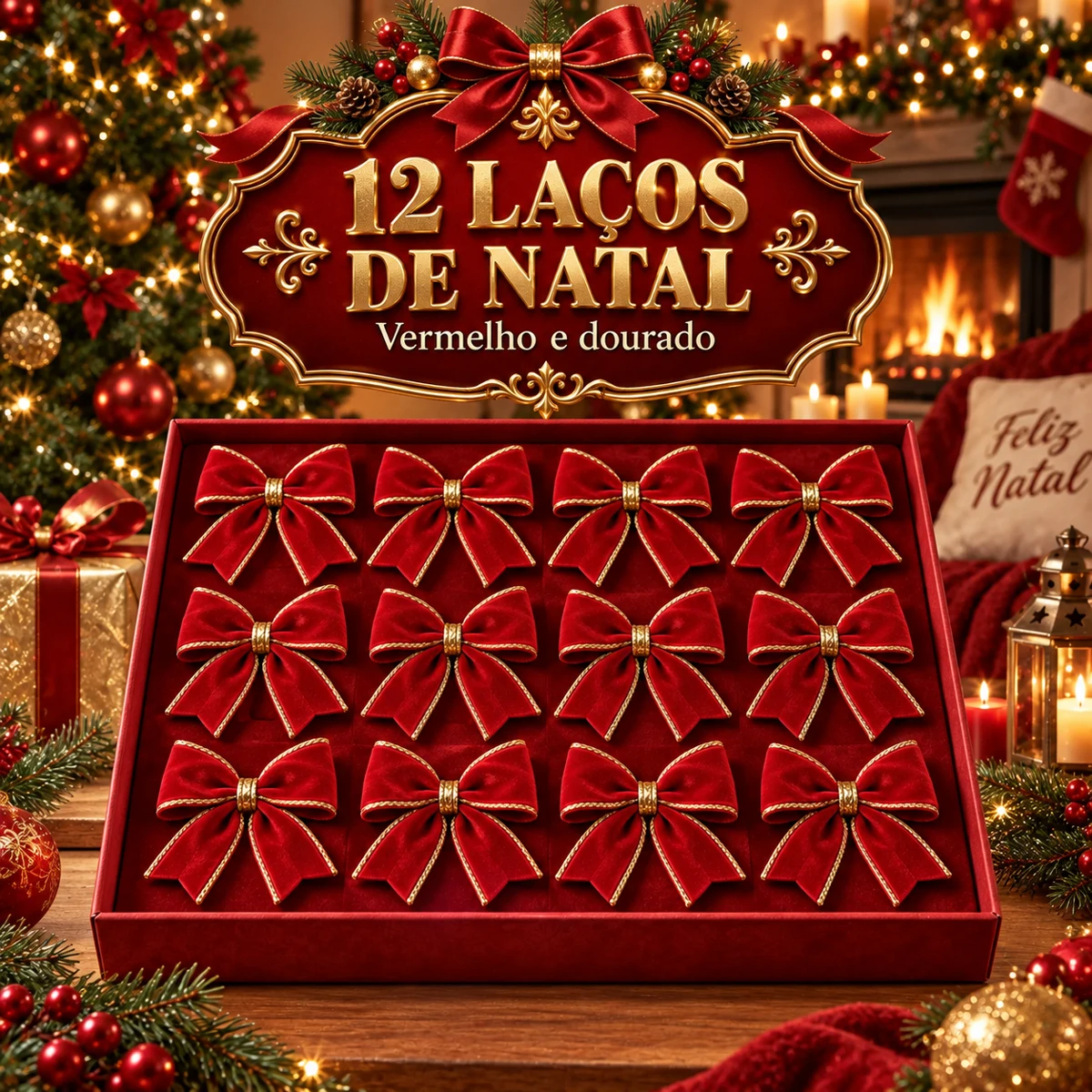 Kit 12 Laços de Natal — Vermelho e Dourado