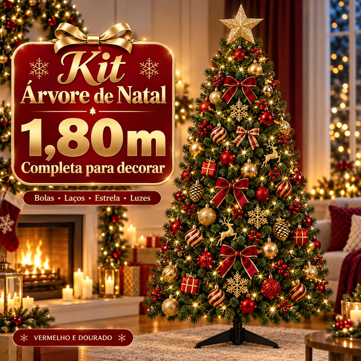 Kit Árvore de Natal 1,80M — Vermelho e Dourado